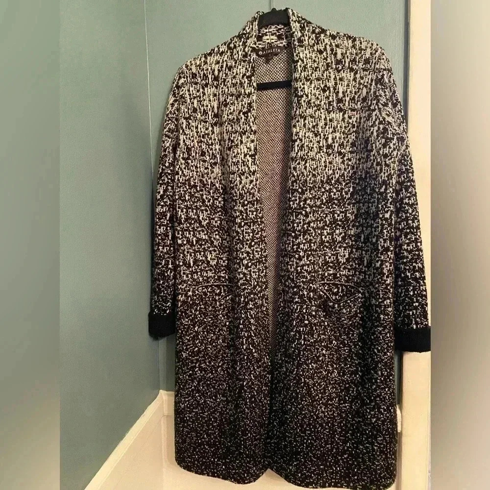 Athleta extra long black/white open cardigan - small - wool/cashmere blend